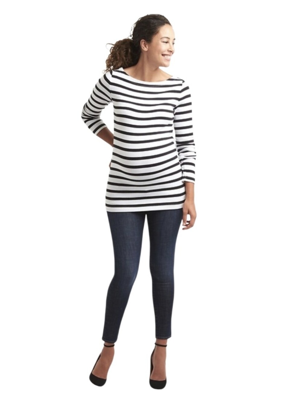 #A97 Ingrid & Isabel Black and White Striped Boatneck Tunic